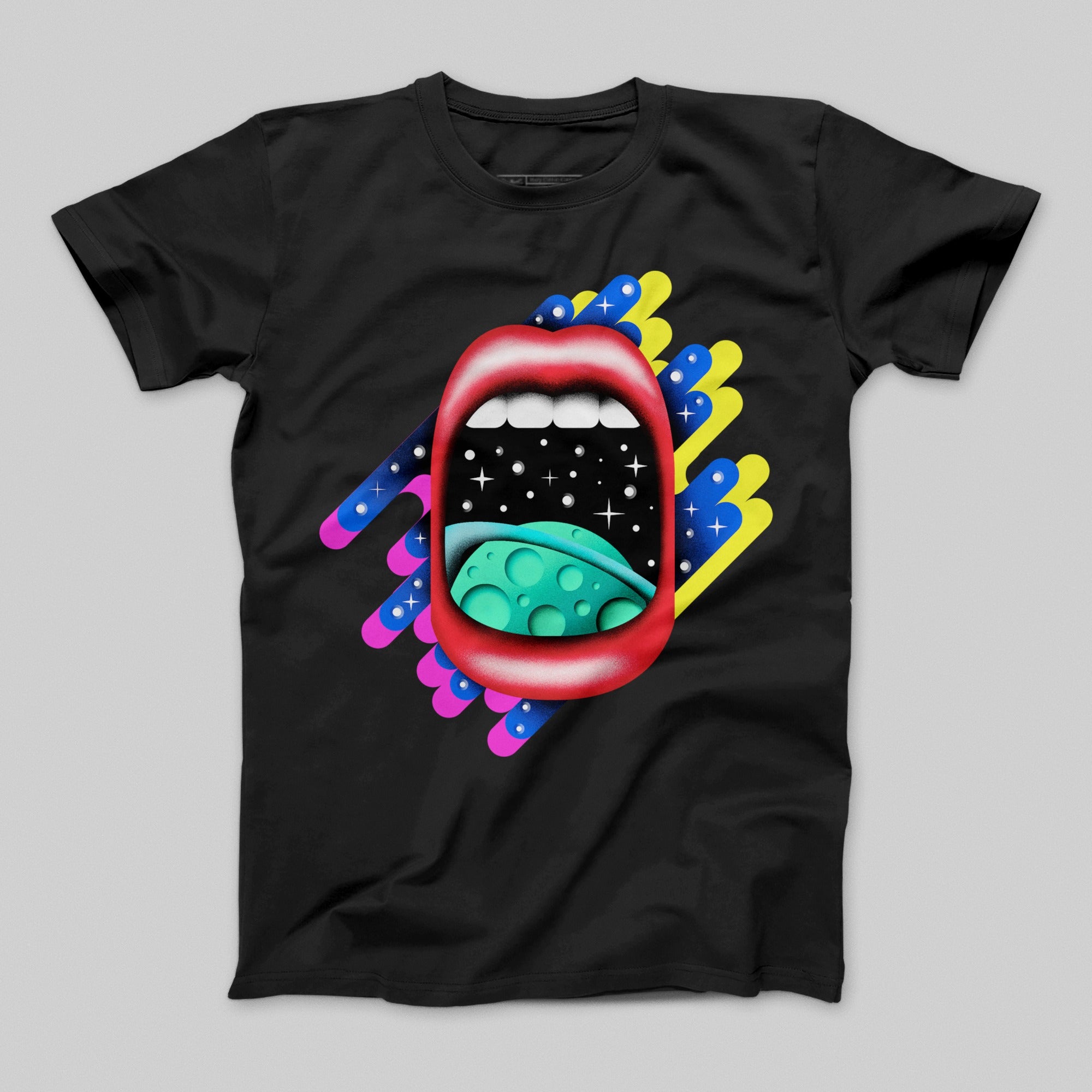 Cosmic Mouth Design Graphic Tee with Colorful Accents