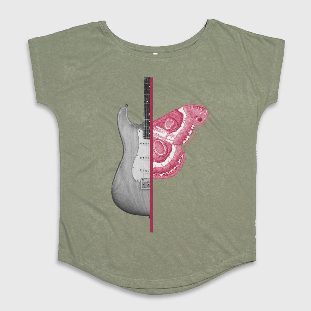 Unique Guitar and Butterfly Print Graphic T-Shirt