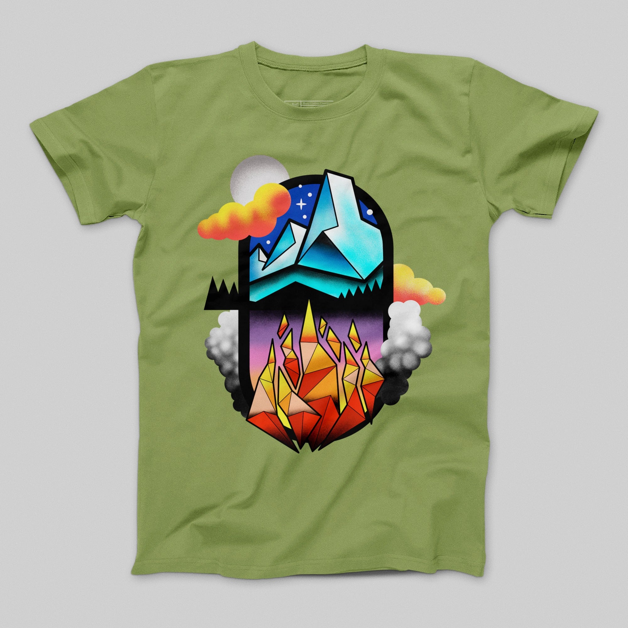 Vibrant Geometric Mountain and Fire Graphic T-Shirt