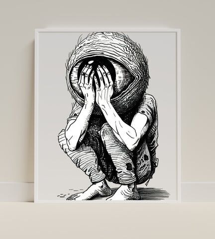 Surreal Black and White Eyeball Head Poster Artwork