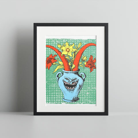 Whimsical Floral Monster Design in Black Frame Artwork