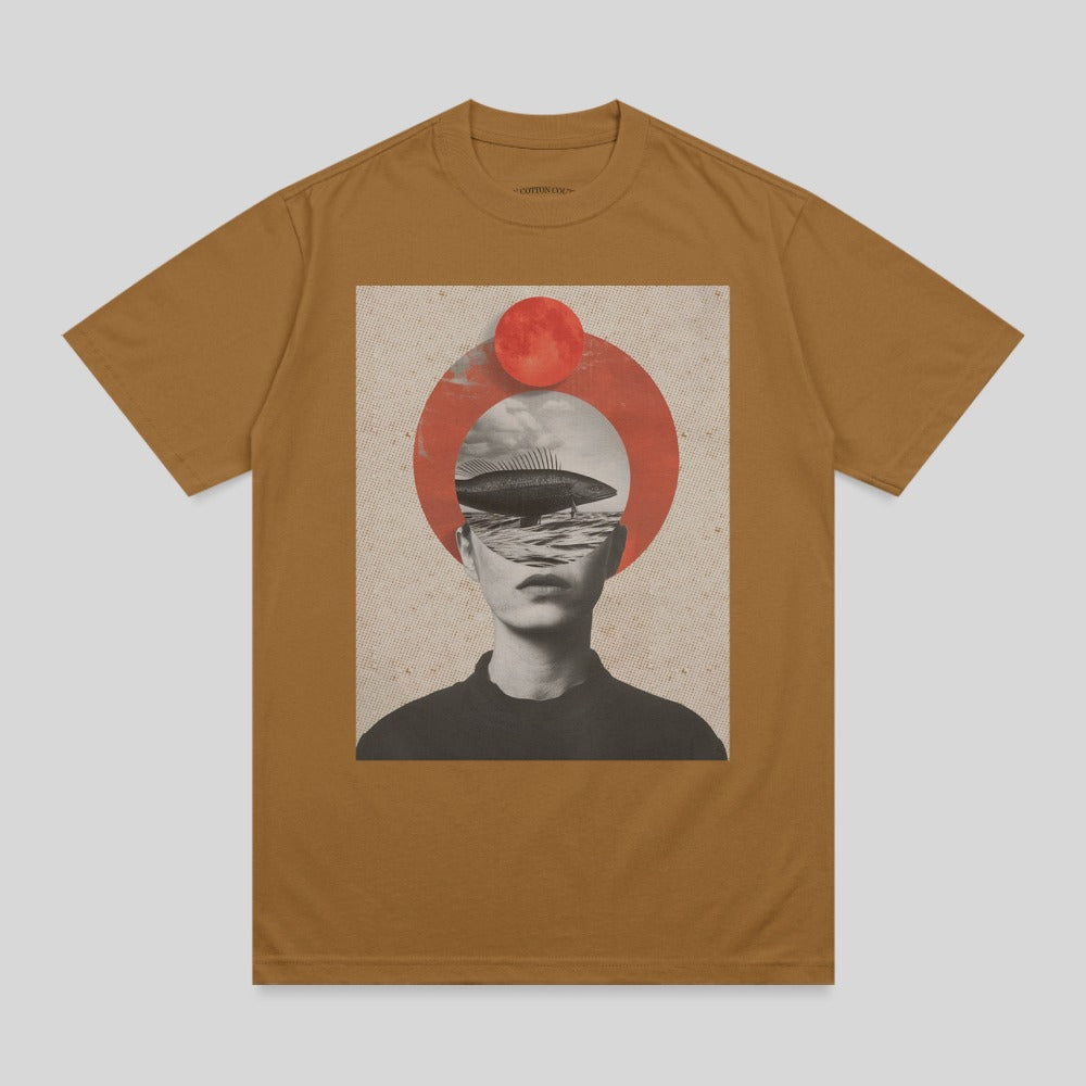 Collage art human face fish ocean red sun circle product type