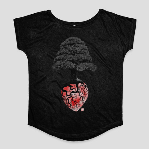 Heart Tree Design on Black Women's T-Shirt