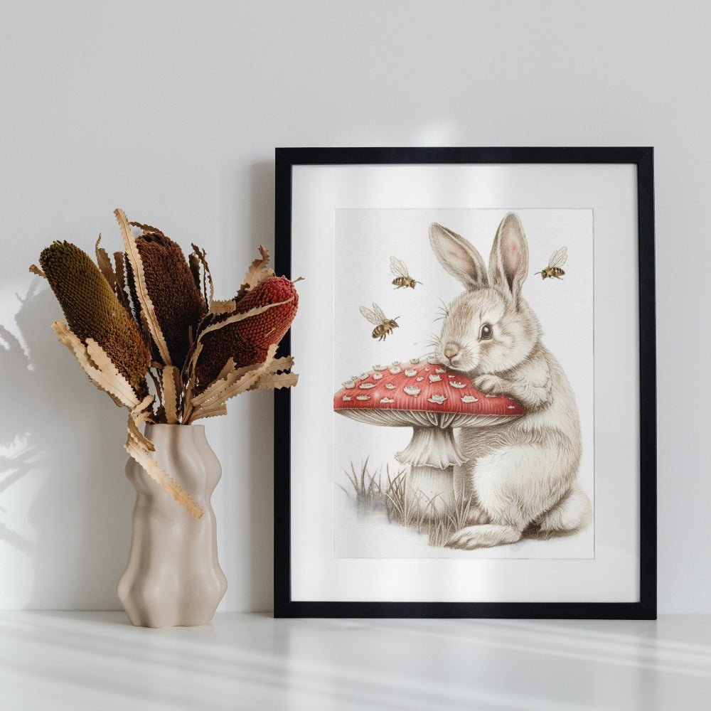 Adorable Bunny with Mushroom Art Print for Home Decor