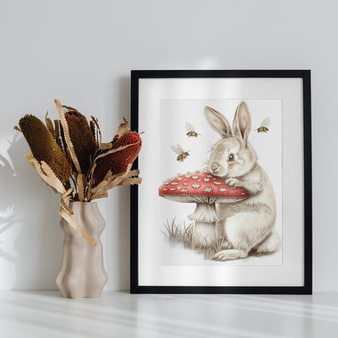 Adorable Bunny with Mushroom Art Print for Home Decor