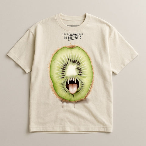 Kiwi fruit slice with fangs and green fur on a light cream t-shirt.