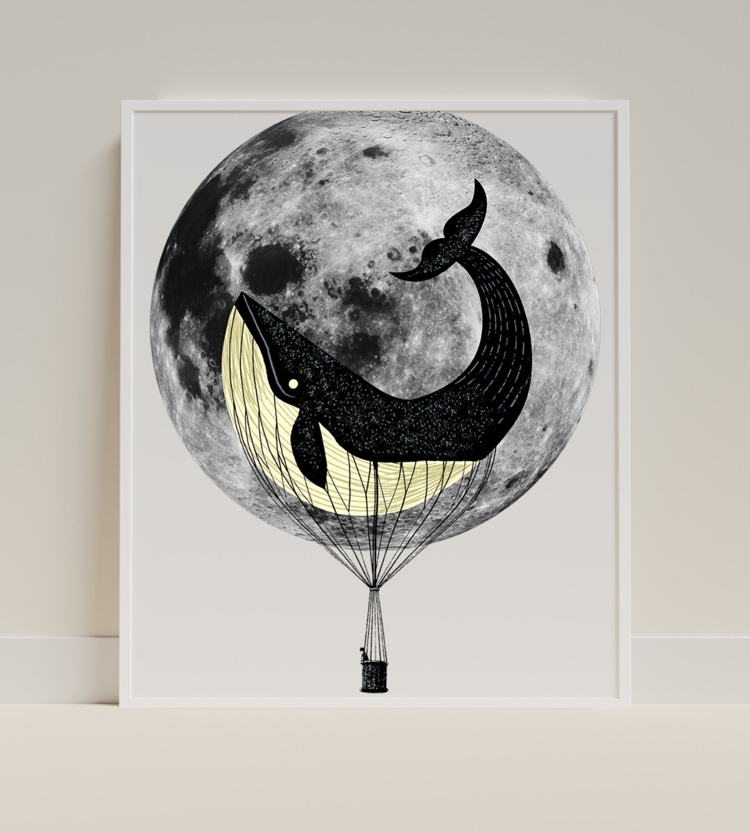 Whale Floating Against Moon Art Print Wall Decor