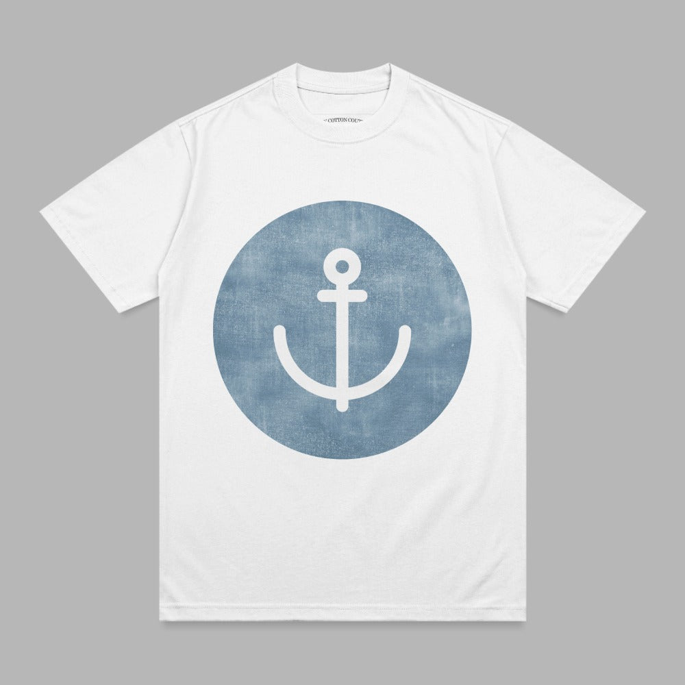 White t-shirt with blue anchor graphic in a circle.