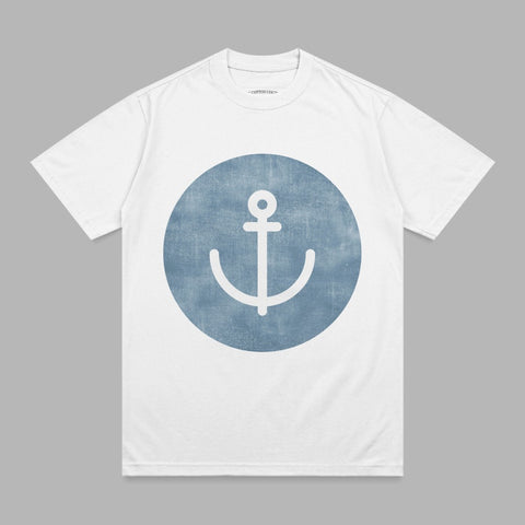 White t-shirt with blue anchor graphic in a circle.