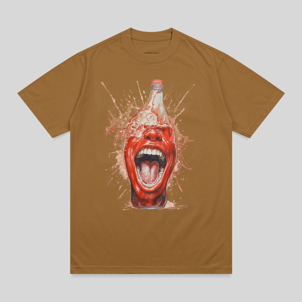 Brown t-shirt with a graphic of a screaming mouth emerging from a splashing bottle.