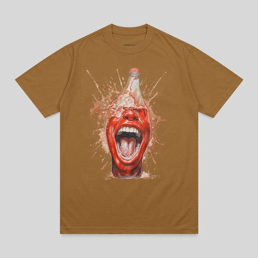 Brown t-shirt with a graphic of a screaming mouth emerging from a splashing bottle.