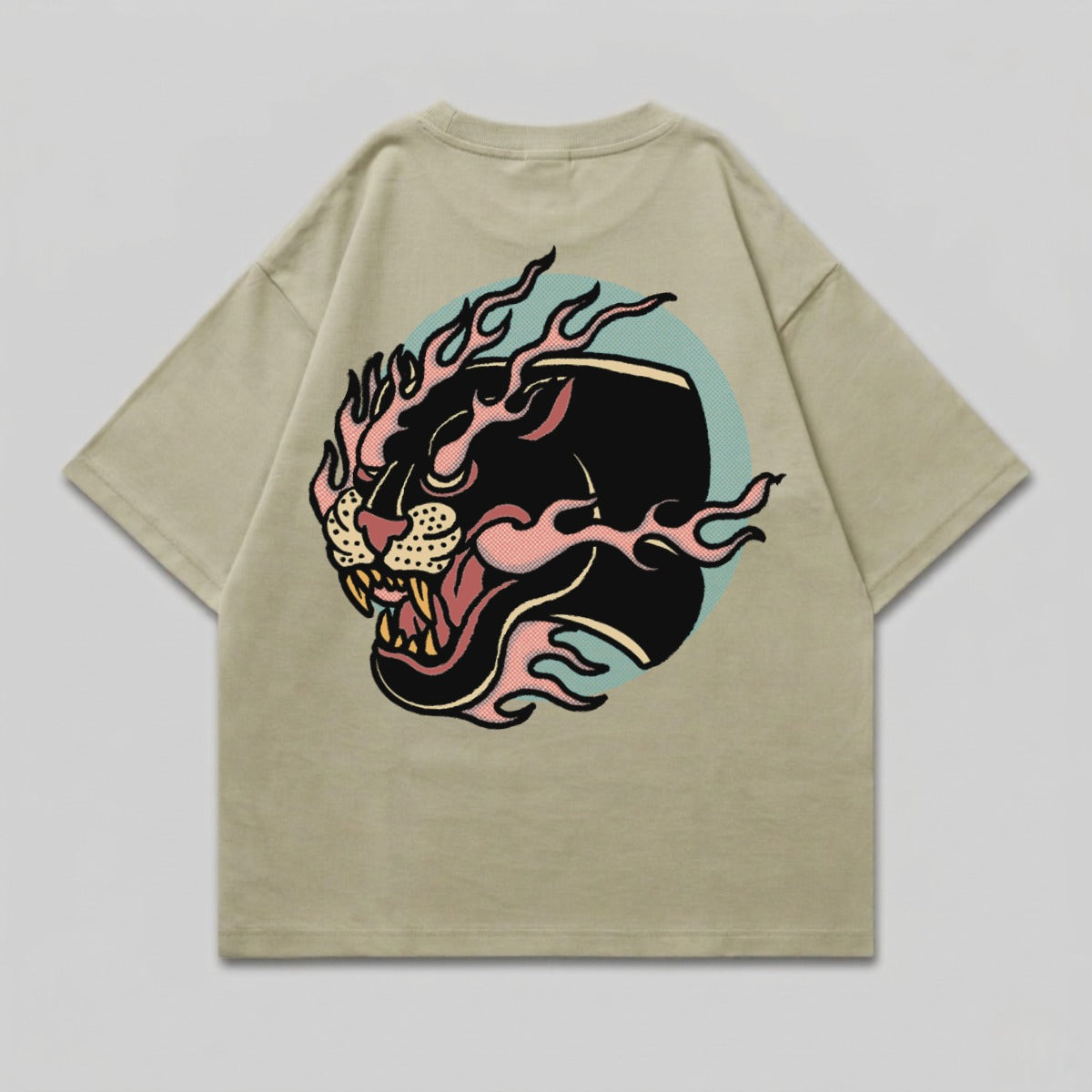 Flaming Black Panther Circle Design Beige product type
Panther, Flaming panther, Fire design, Tattoo style, Animal graphic, Big cat, Black panther, Pink flames, Blue circle, Beige shirt, Graphic tee, Streetwear, Retro style, Vintage art, Apparel, Unique design, Fierce animal, Pop art, Bold graphic, Wildcat