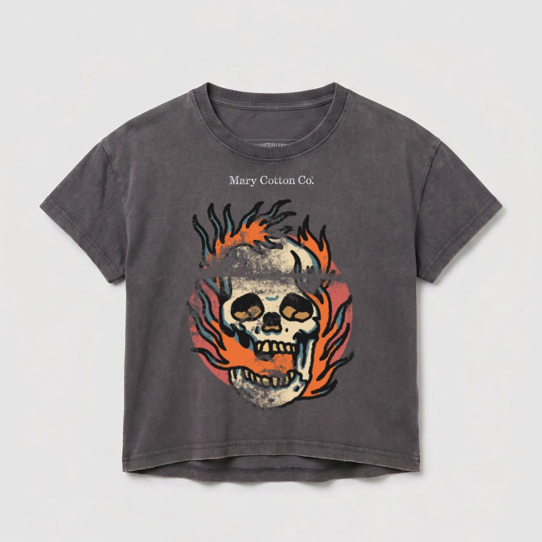 Grey t-shirt with skull and flames graphic, "Mary Cotton Co." text.
