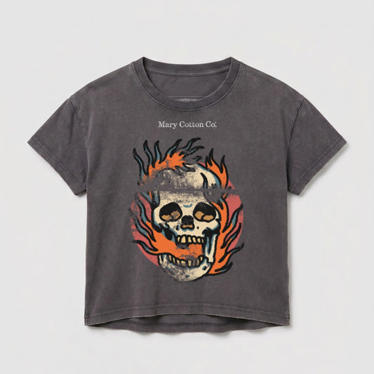 Grey t-shirt with skull and flames graphic, "Mary Cotton Co." text.
