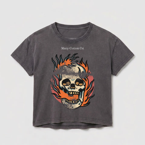 Grey t-shirt with skull and flames graphic, "Mary Cotton Co." text.