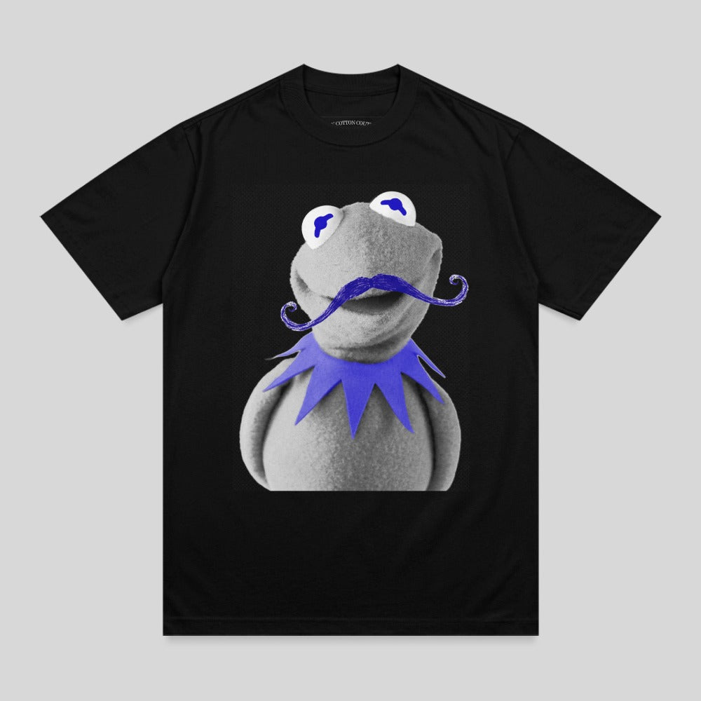 Kermit the Frog wearing a blue collar and mustache on a black t-shirt.