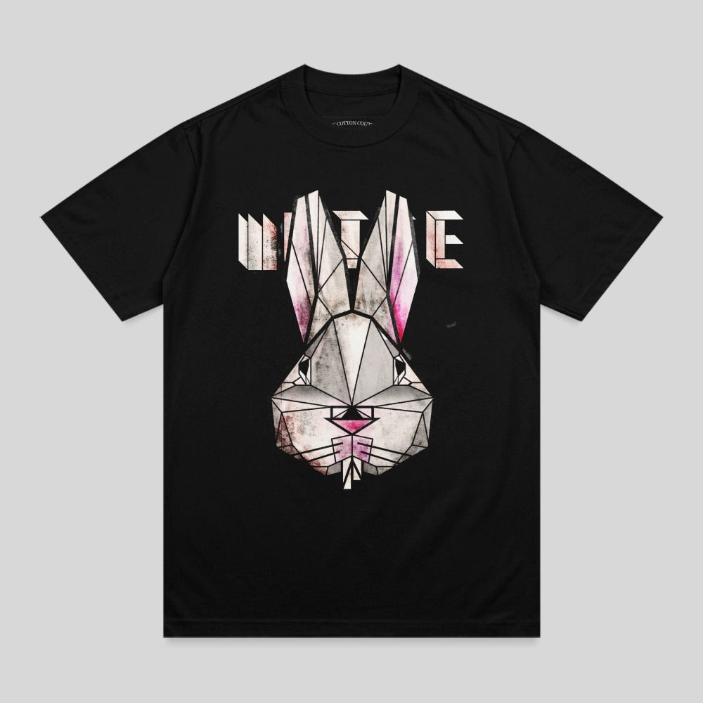 Black t-shirt with a geometric pink and white rabbit head graphic.
