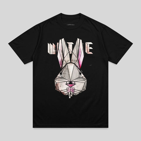 Black t-shirt with a geometric pink and white rabbit head graphic.