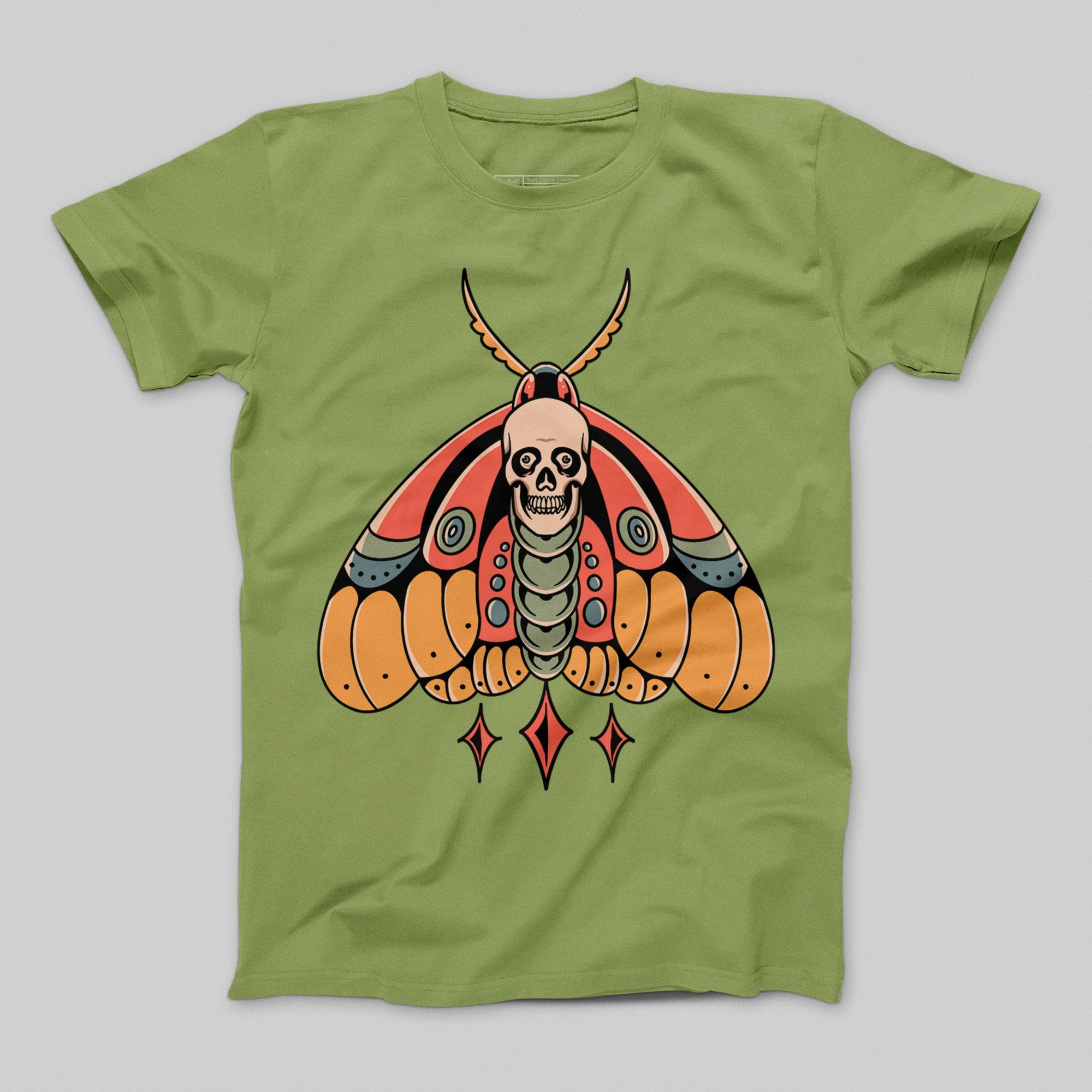 Skull Moth Graphic Design on Green T-Shirt Product