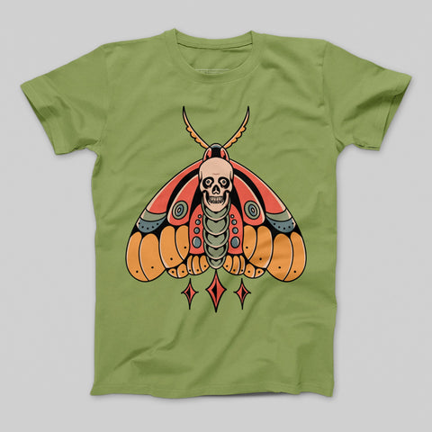 Skull Moth Graphic Design on Green T-Shirt Product
