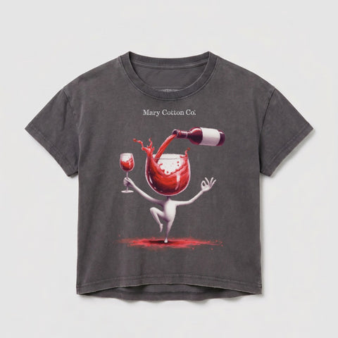Dark gray t-shirt with a cartoon drawing of a figure pouring wine into a glass.
