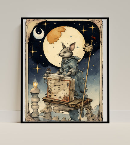 Enchanted Rabbit With Spellbook and Moon Art Print