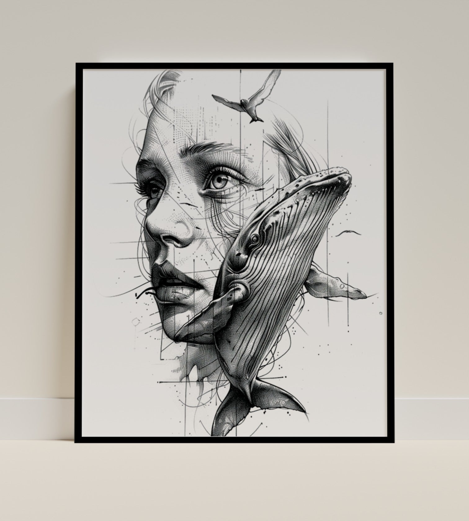 Whale and Woman Artistic Illustration Wall Art