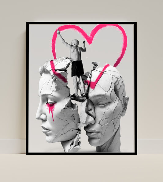 Heart Painted on Sculpted Heads Artistic Print