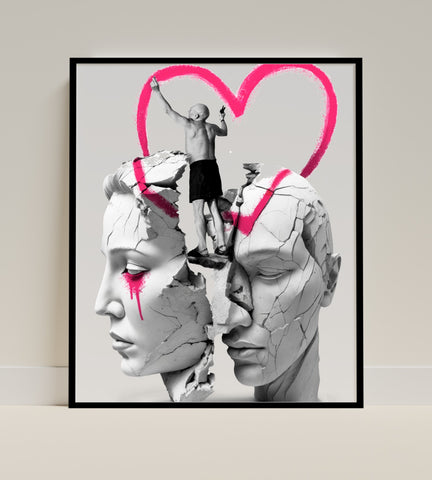 Heart Painted on Sculpted Heads Artistic Print