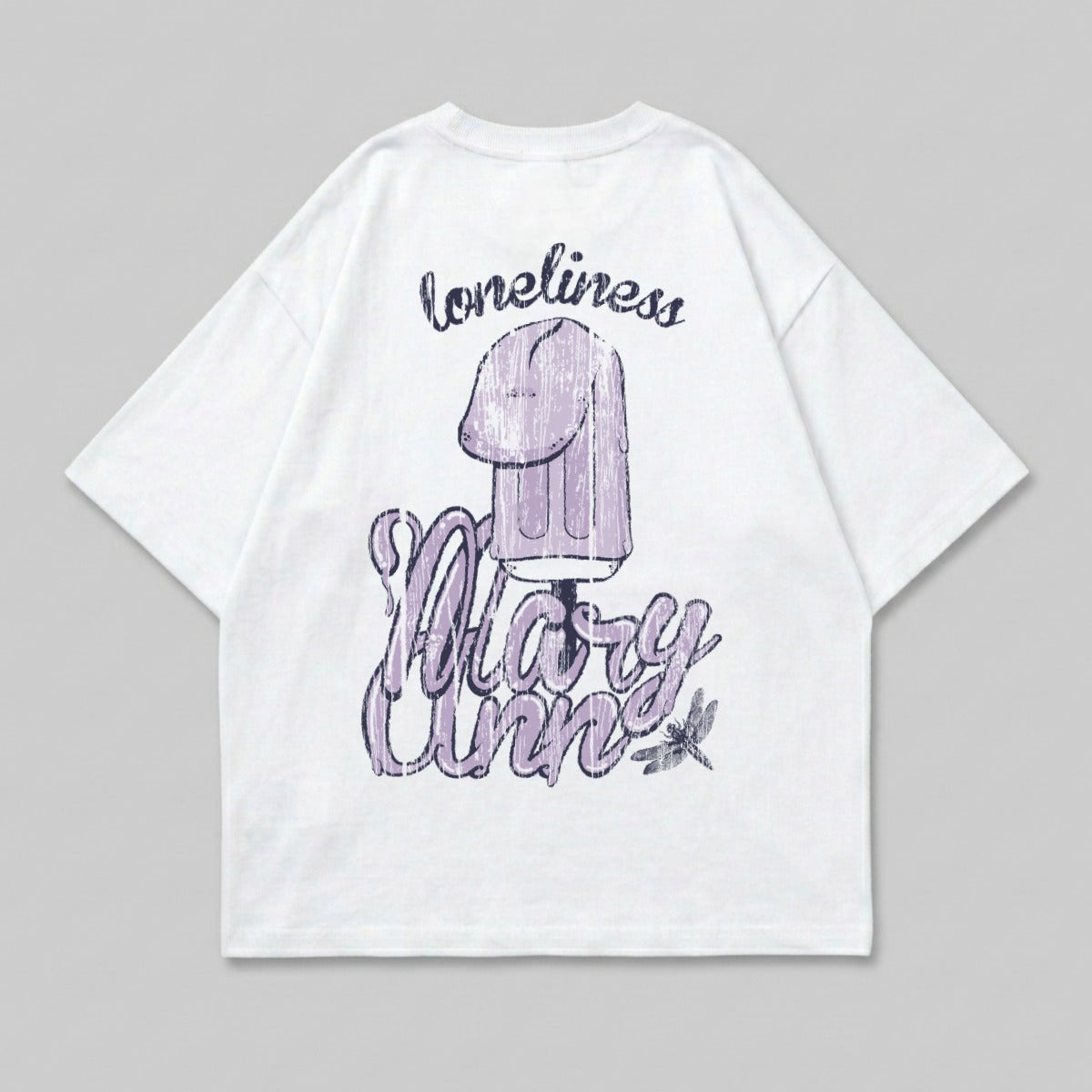 White t-shirt with "loneliness" and melting popsicle graphic, "Mary Ann" text.