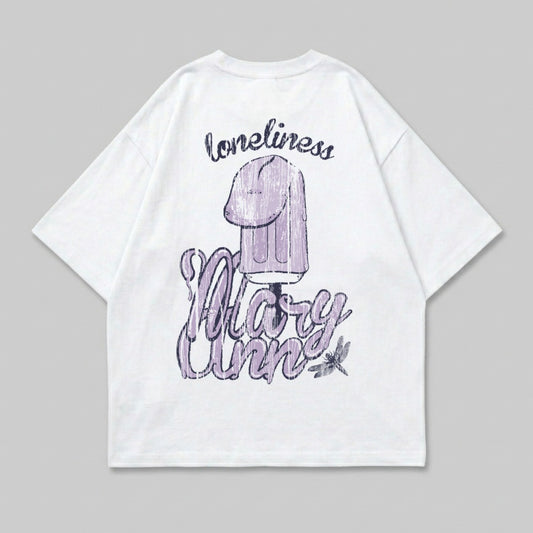 White t-shirt with "loneliness" and melting popsicle graphic, "Mary Ann" text.