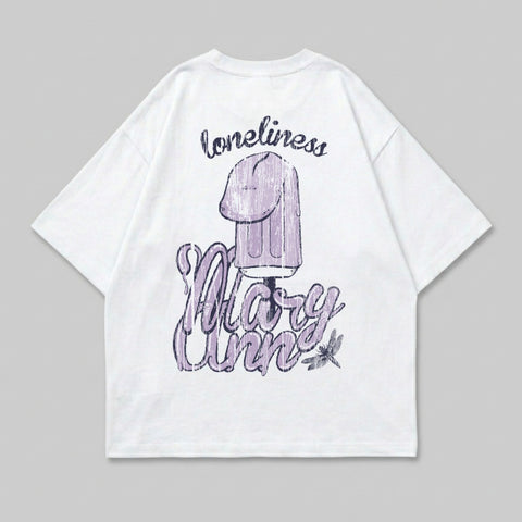 White t-shirt with "loneliness" and melting popsicle graphic, "Mary Ann" text.