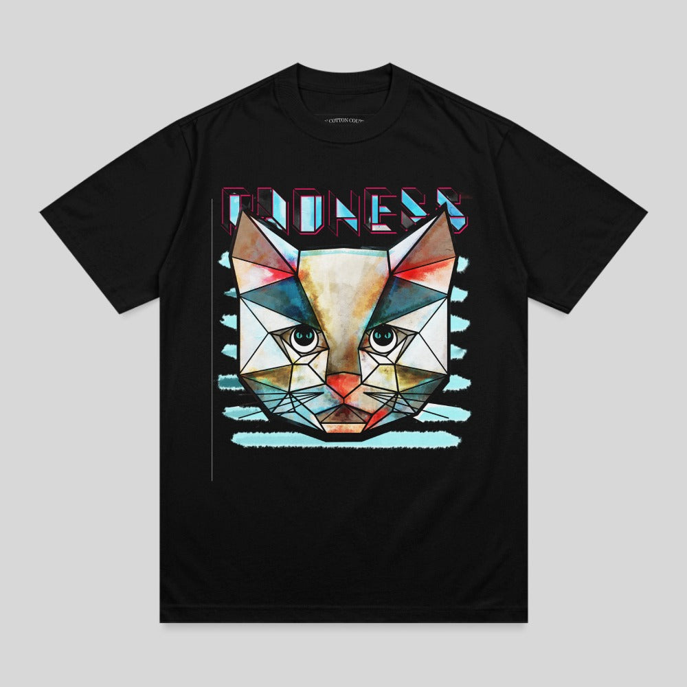 Black t-shirt with abstract geometric cat face design.