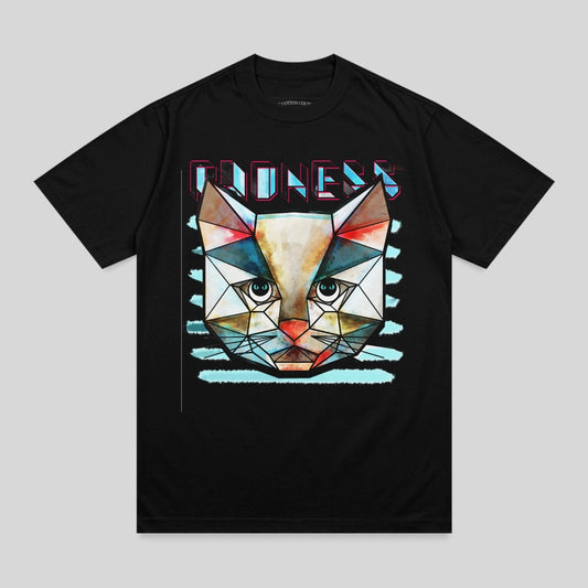 Black t-shirt with abstract geometric cat face design.