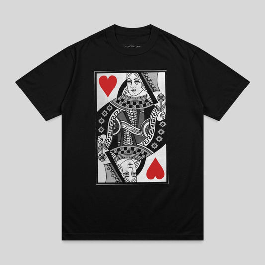 Black t-shirt featuring a graphic of the Queen of Hearts playing card.