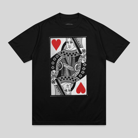 Black t-shirt featuring a graphic of the Queen of Hearts playing card.