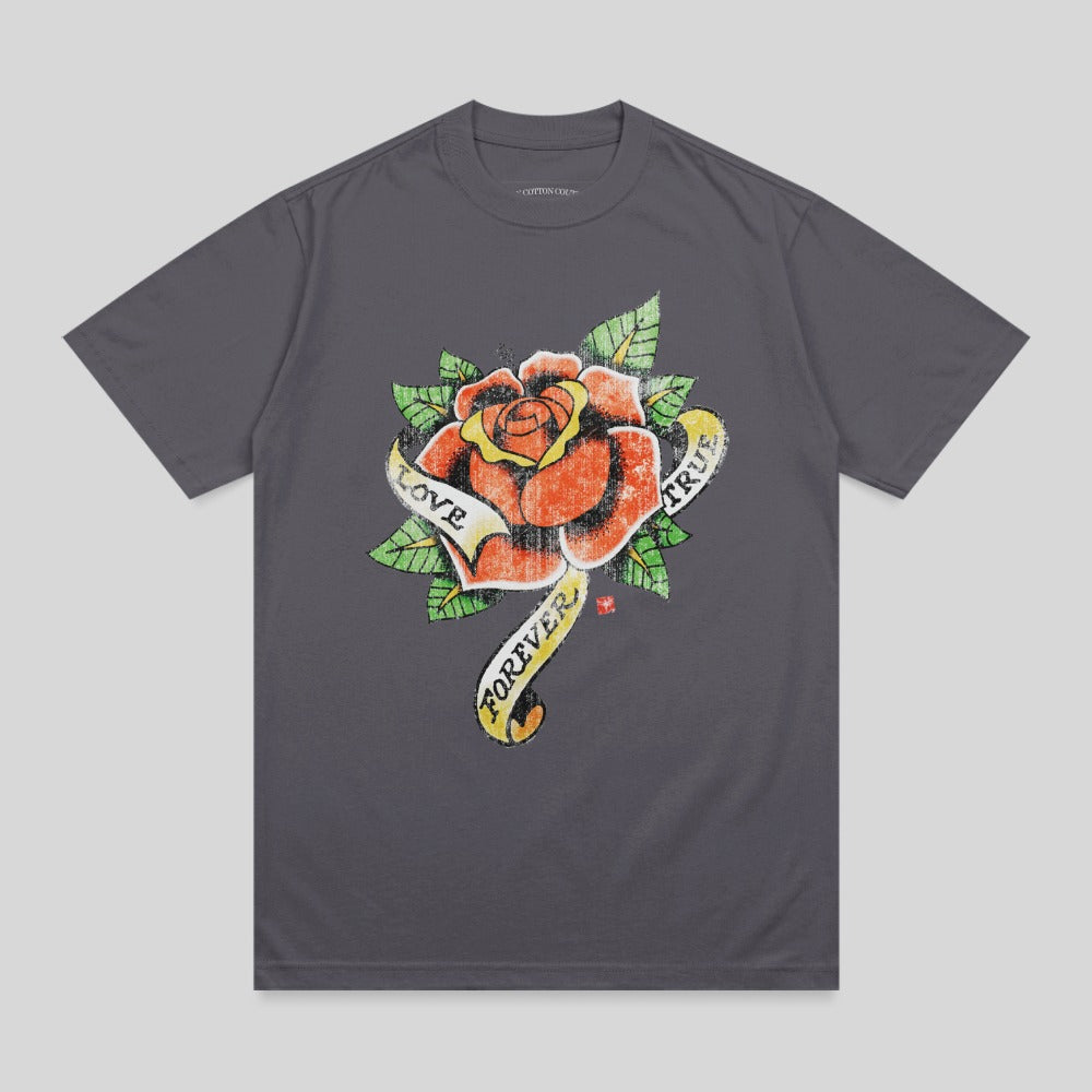 Dark gray t-shirt with a vintage rose and ribbon graphic that reads "LOVE FOREVER TRUE".