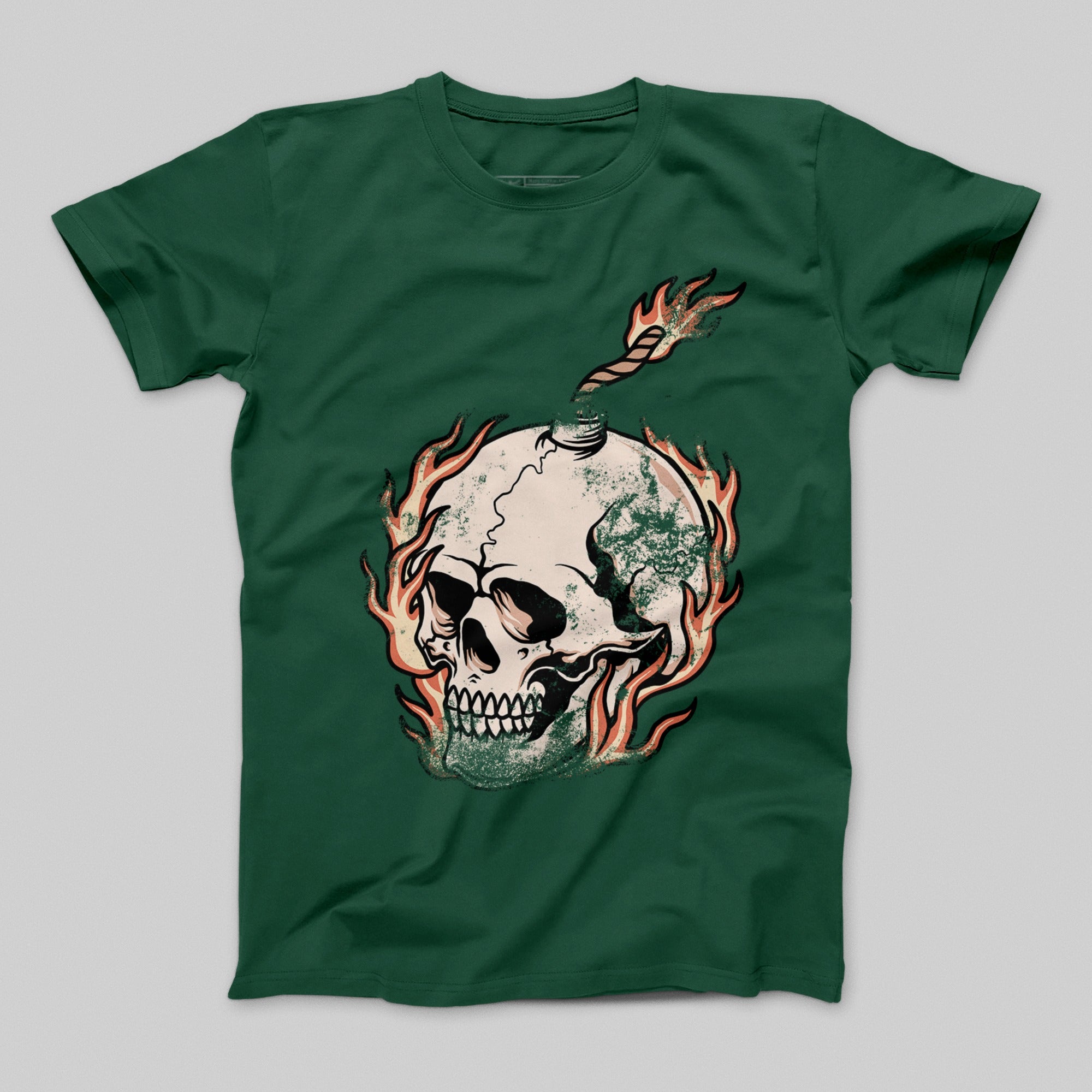 Flaming Skull Graphic on Dark Green T-shirt