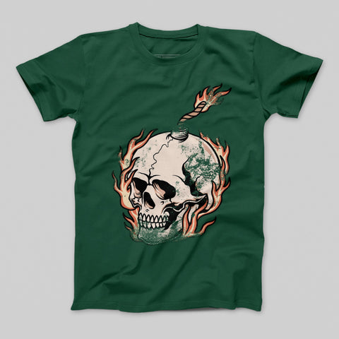 Flaming Skull Graphic on Dark Green T-shirt