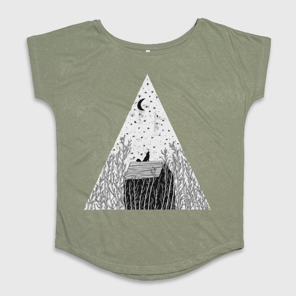 Cat and Moon Graphic Design Ladies T-Shirt