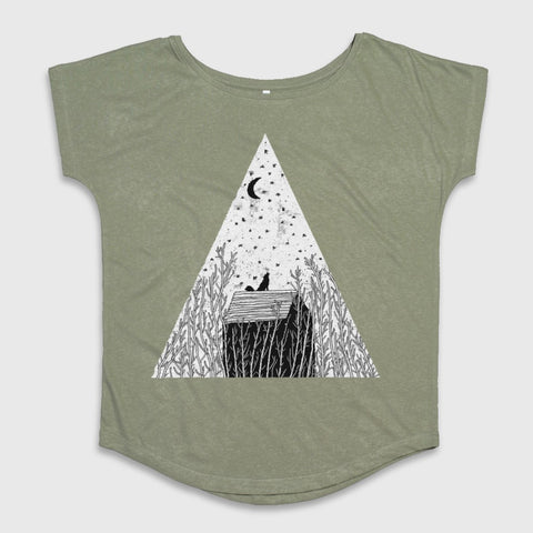 Cat and Moon Graphic Design Ladies T-Shirt