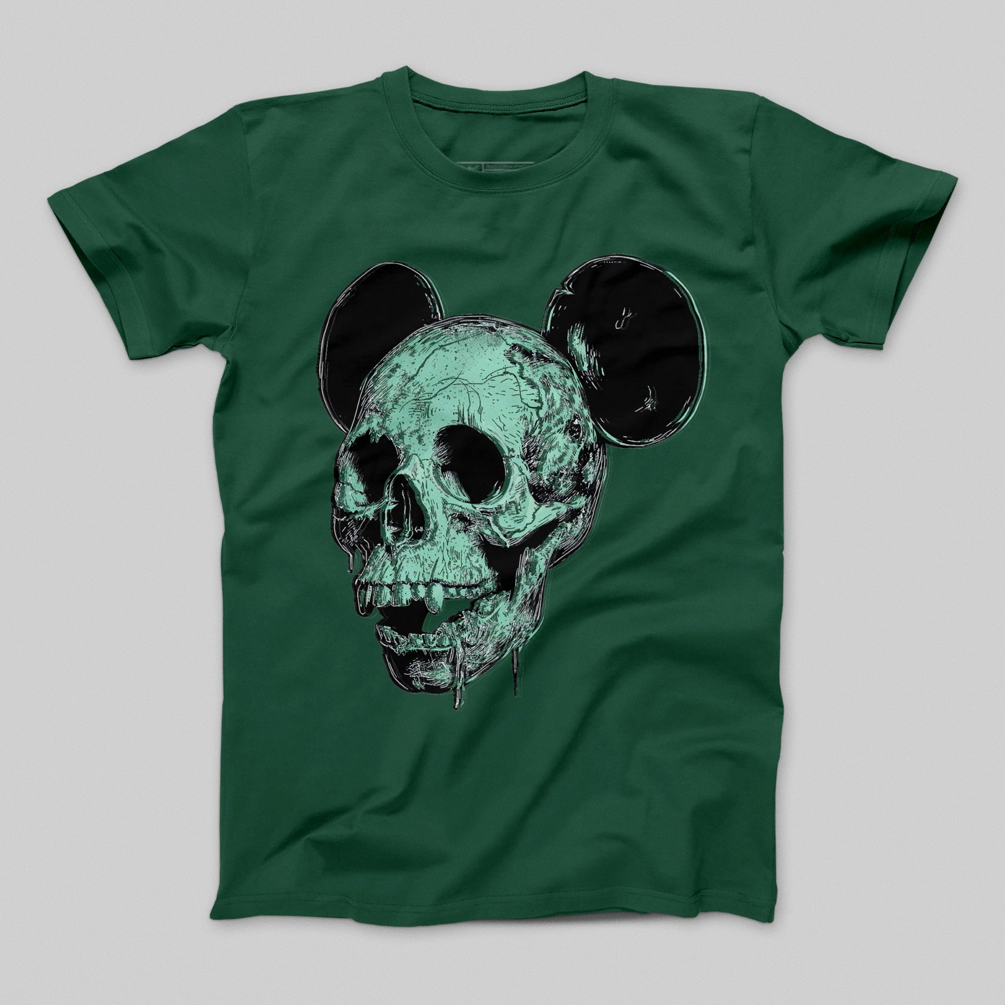 Green T-Shirt with Skull and Mouse Ears Graphic Design