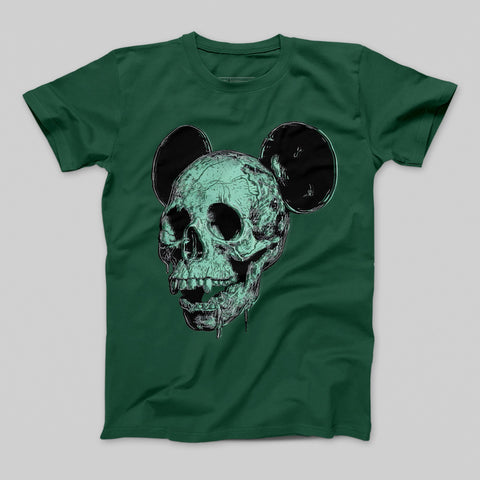 Green T-Shirt with Skull and Mouse Ears Graphic Design