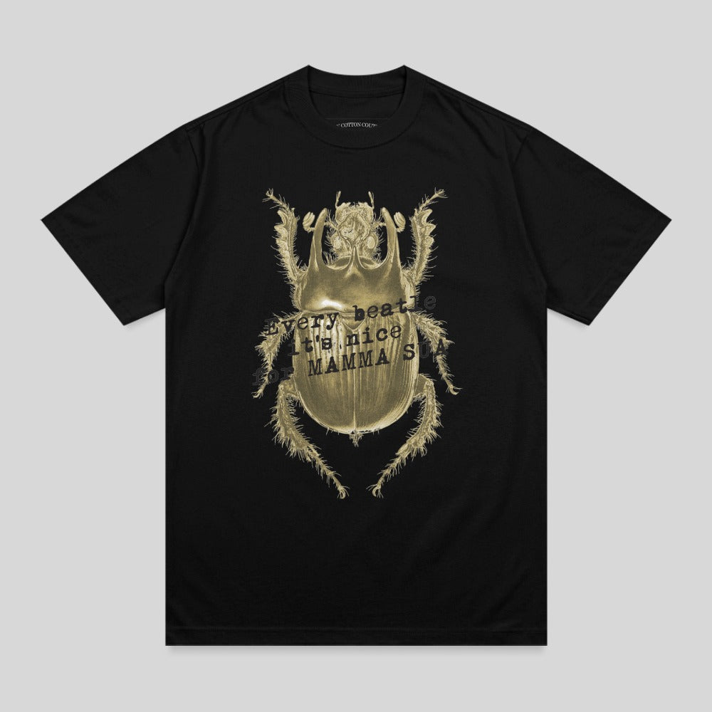 Black t-shirt with a golden beetle graphic and text.