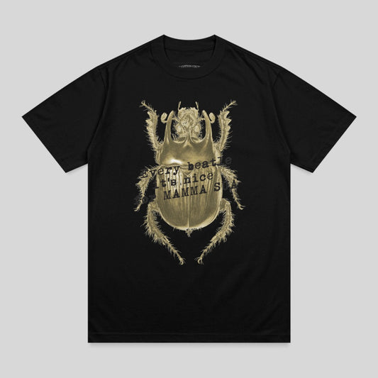 Black t-shirt with a golden beetle graphic and text.