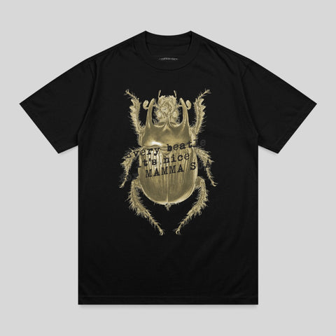 Black t-shirt with a golden beetle graphic and text.