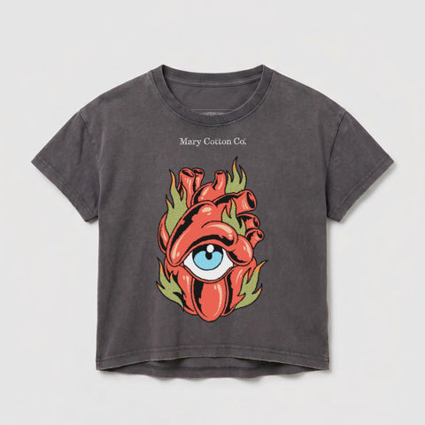 Dark gray t-shirt with a flaming heart eye graphic.