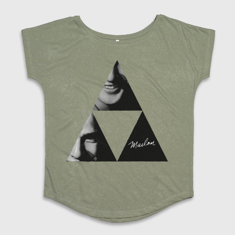 Green Shirt with Triangle and Faces Graphic Design
