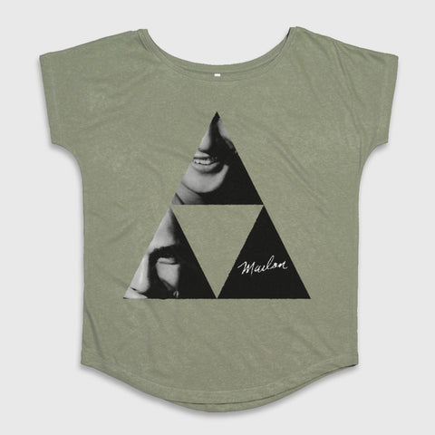 Green Shirt with Triangle and Faces Graphic Design