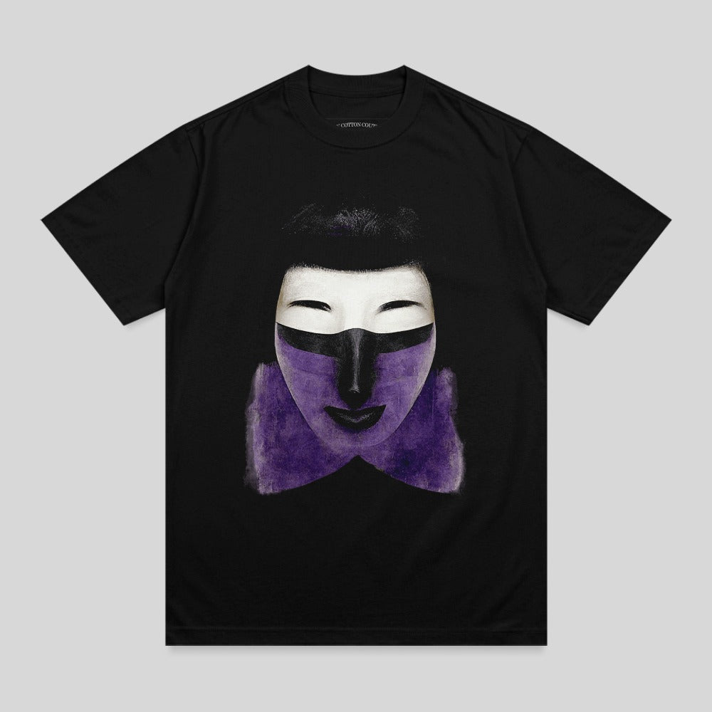 Black t-shirt with a stylized face mask in purple and white.